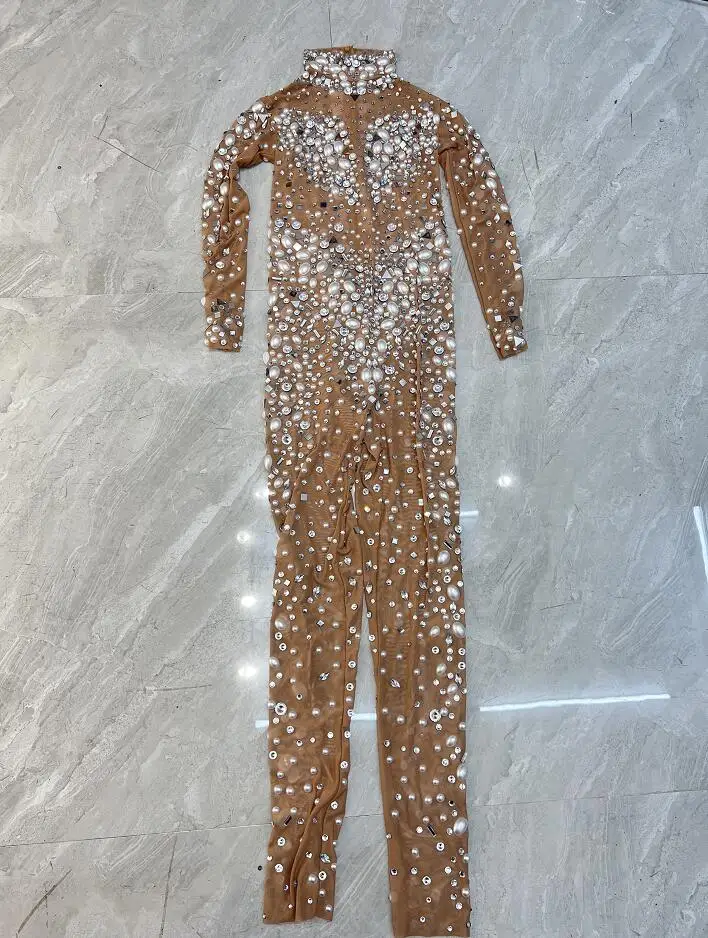 New Designed Big Pearls Rhinestones Stretch Transparent Jumpsuit Evening Birthday Celebrate Outfit Sexy Dancer Bodysuit