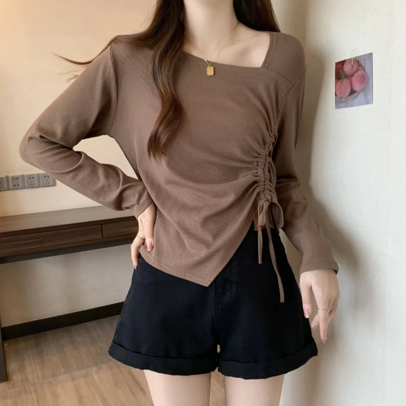 Plus Size Drawstring Short T Shirts Spring New Long Sleeve Asymmetrical Solid Pleated Trend Tops Casual Fashion Women Clothing