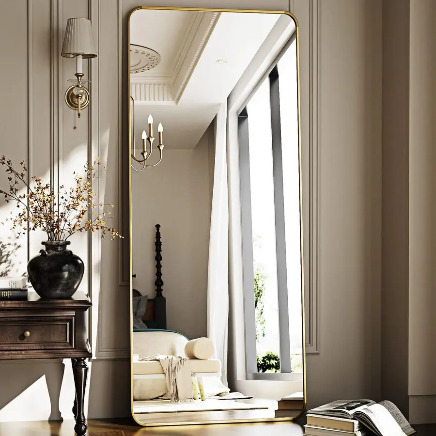 

Зеркало в полный рост с закругленными краями, 66x23 дюйма, в алюминиевой раме, напольное зеркало с подставкой для гостиной, спальни, гардеробной.