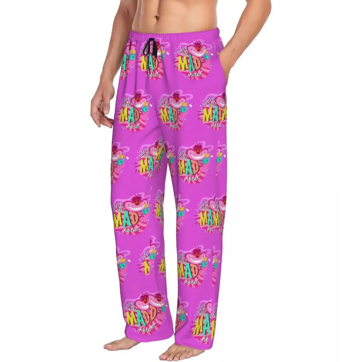 Pantalones de pijama con estampado personalizado para hombre, ropa de dormir con estampado de gato de Cheshire, Alicia, país de las Maravillas, somos todos locos aquí, pantalones para dormir con bolsillos