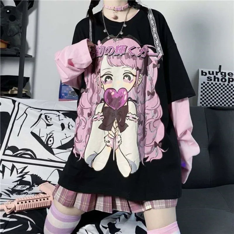 Japanese Cartoon Anime Sweet Cute Girl Print Long Sleeve T-shirt Women Autumn Street Fake 2 Piece Patchwork Pullovers Y2K Top