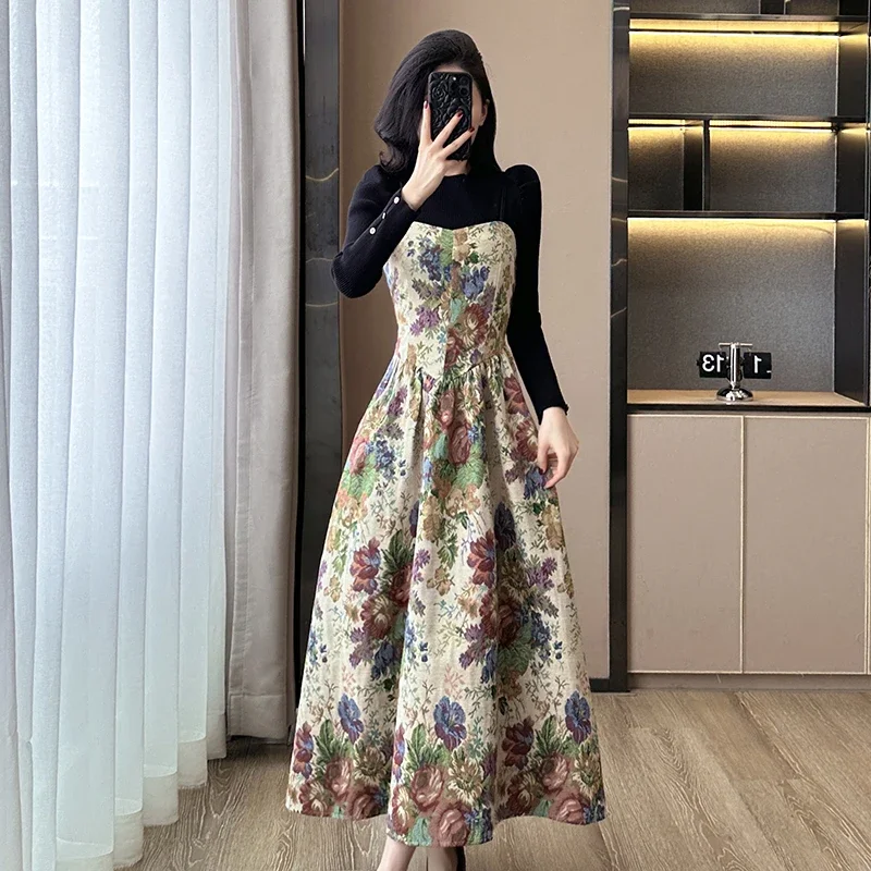 

Комплект из двух предметов в стиле ретро во французском стиле, женский черный вязаный топ + без бретелек, сексуальные жаккардовые модные комплекты платьев-спагетти, осень