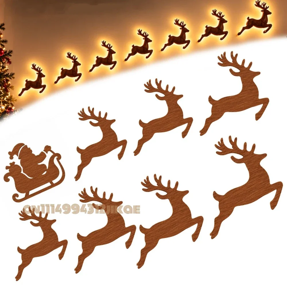 3D glowing wooden reindeer Christmas decorations (7-piece set), LED reindeer Christmas wall ornaments, suitable for living room