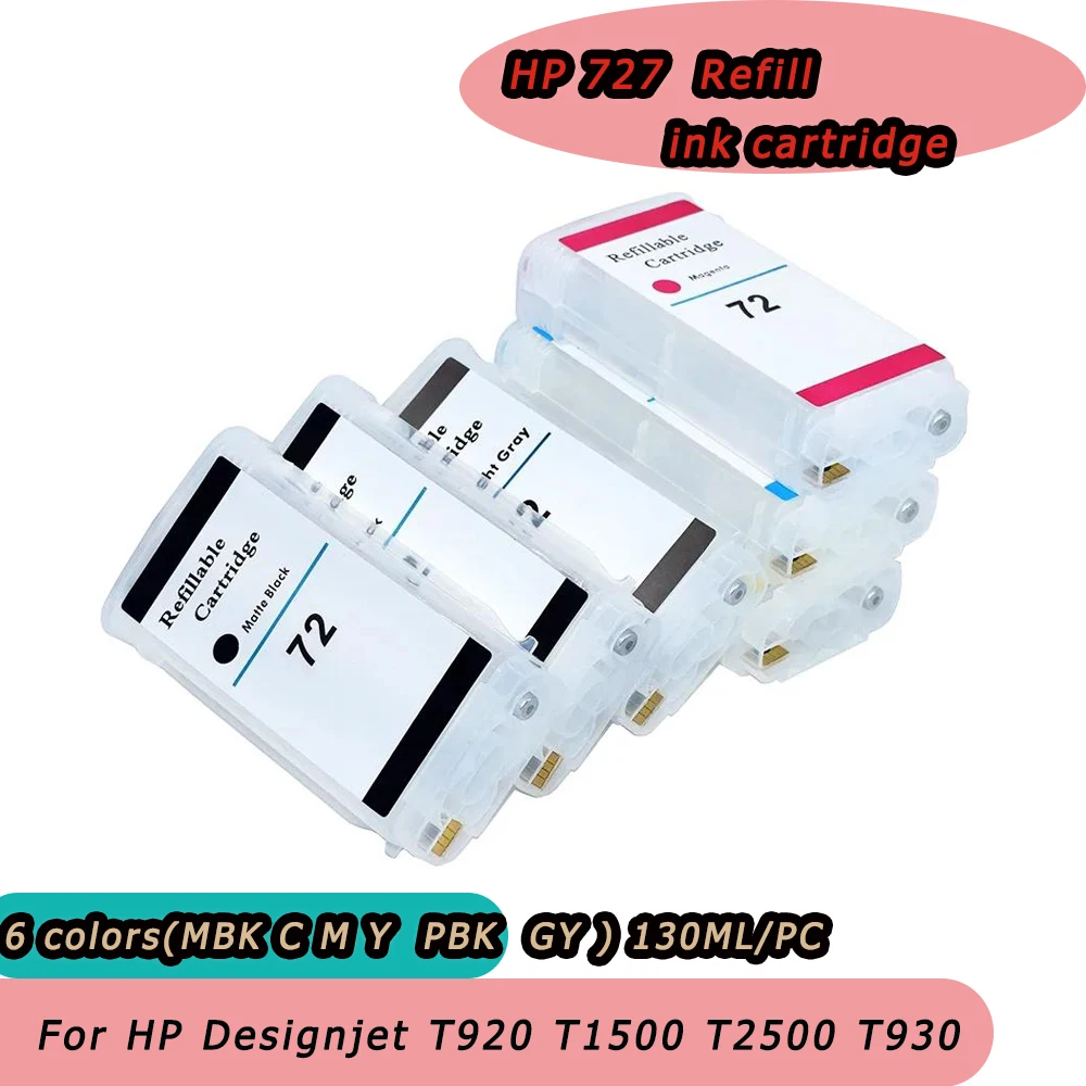 

130ML or 280ML For HP727 Refillable Ink Cartridge With Chip For HP Designjet T920 T930 T1500 T1530 T2500 T2530 727 Printers