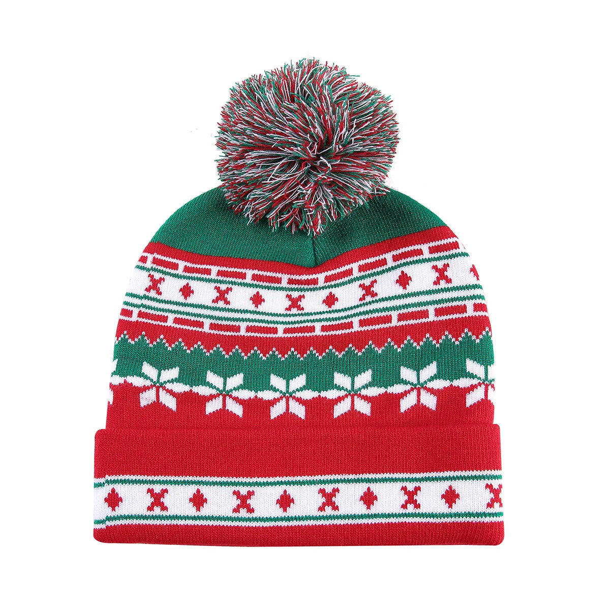 Christmas Pom Pom Knit Beanie Hat Adult Winter Warm Xmas Cap Santa Snowflake Pattern Festive Holiday Party Knitted Headwear Gift