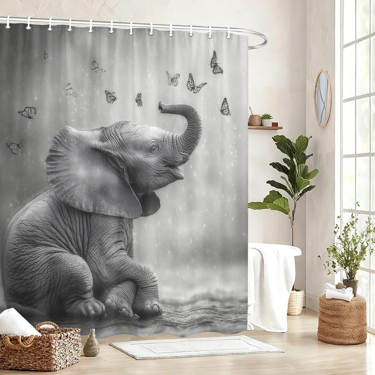 

2D Printed Polyester Shower Curtain - Adorable Elephant & Gorgeous Peacock Themed Bath Curtain, Stylish Bathroom Decor