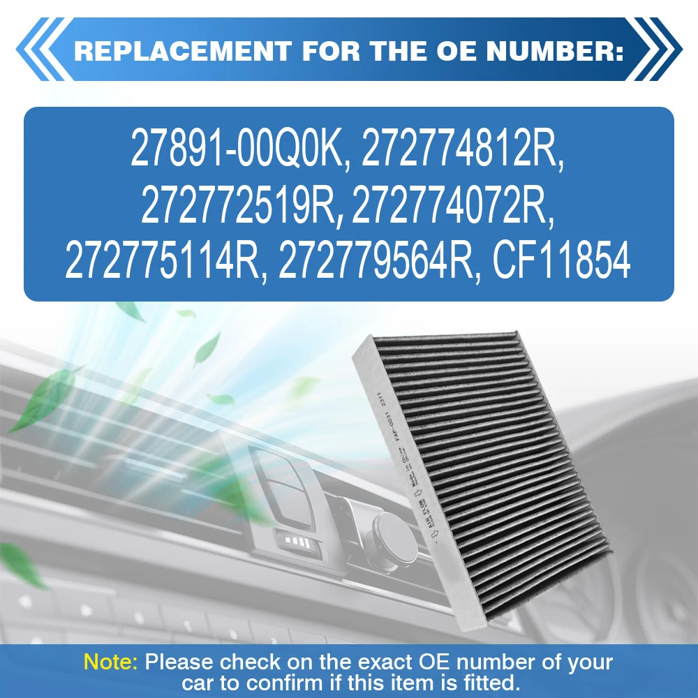 Car Cabin Carbon Air Filter For Nissan Qashqai Rogue X-Trail Renault Koleos 27891-00Q0K, 272774812R, 272772519R, 272774072R