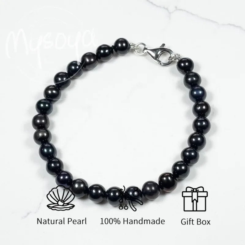 

MYSOYA Black Freshwater Pearl Bracelet 8-9mm With Gift Box For Her/Him Birthday/Wedding/Christmas/New Year/Valentine's Day Gift