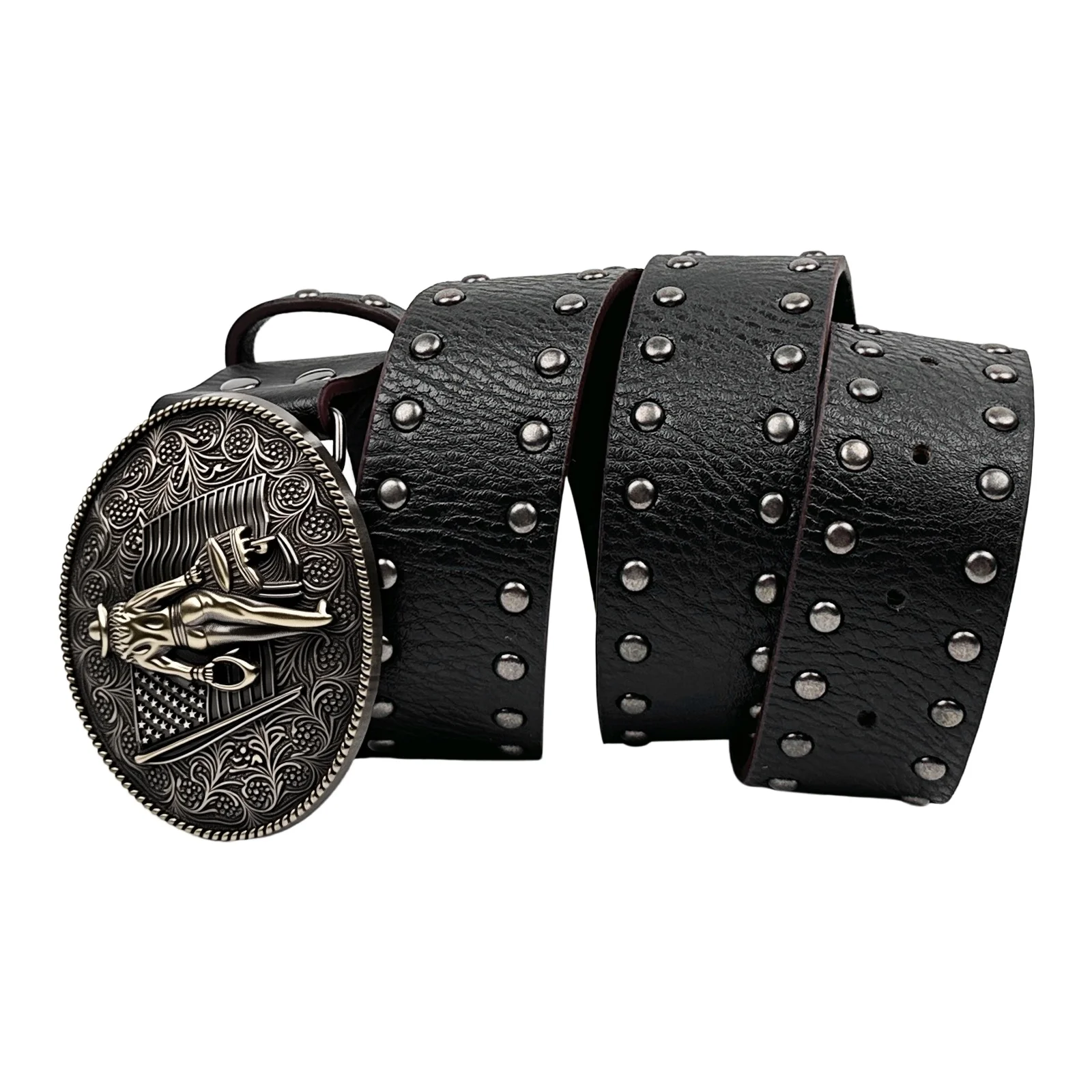 Vintage Western Cowboy Belt for Men Embossed Carved Rivet Distressed Snap Buckle Casual Jeans Waist Belt Street Style