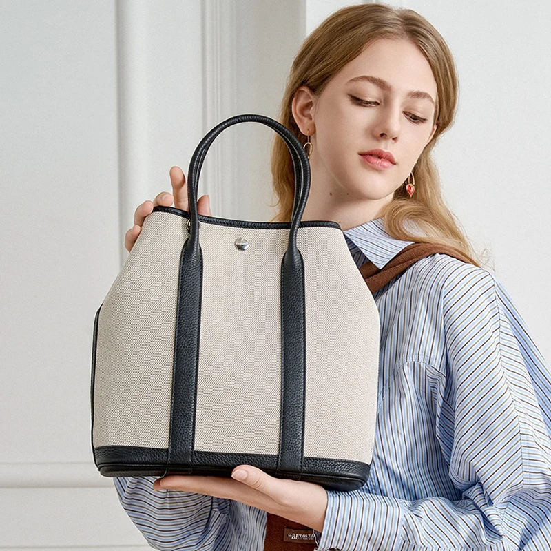 2025 New 30 Vertical Garden Laptop Handbag Canvas Leather Spacious Shoulder Handheld Bag Women Unique Premium Light Luxury Tote