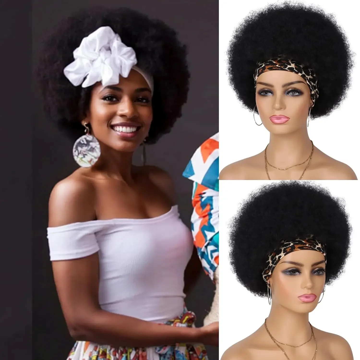 8（inch） Large Puff Synthetic Wig Afro Headband Hair Machine Made for Black Women Lady Girl Daily Party Dating Use (1B)