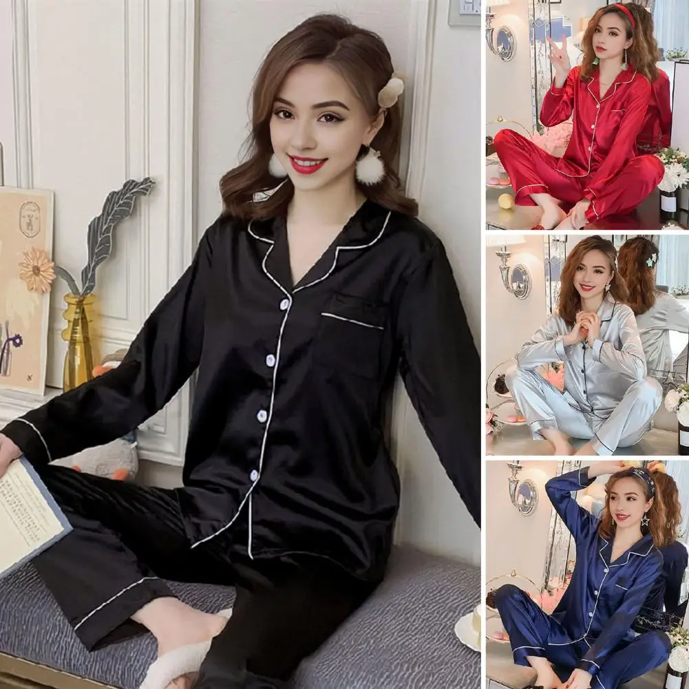 Women Two-piece Loungewear Set Milk Silk Pajama Set Elegant Silky Ice Silk Women's Pajamas Set with Lapel Collar Long for A