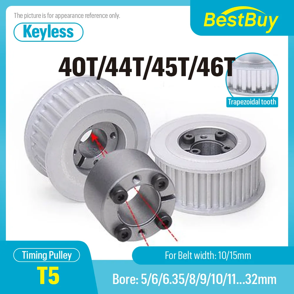 T5-42T/44T/45T/46T Trapezoidal Tooth Timing Pulley Keyless Bushing Bore 5-32mm For T5 Synchronous Belt Width 10/15mm
