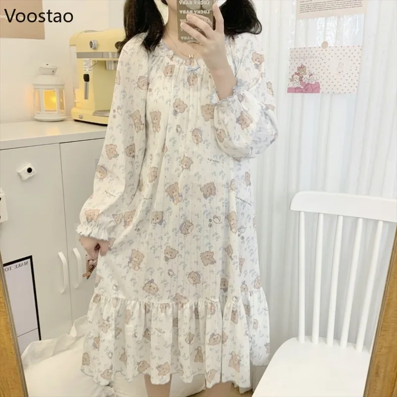 Sweet Lolita Style Princess Nightdress Bow Long Sleeve Pajamas Mini Dress Women Cute Cartoon Bear Print Cotton Kawaii Sleepwear