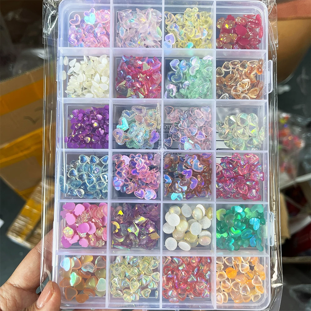 

24 сетки Kawaii аксессуары в форме сердца, смоляные подвески для дизайна ногтей, мультяшная любовь, украшения для ногтей, разные размеры, маникюрные стразы, сделай сам