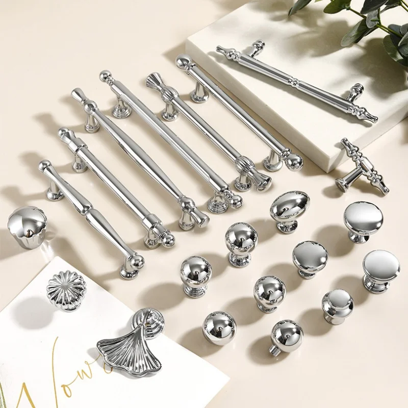 2pcs Zinc Alloy Wardrobe Door Handle Modern Minimalist Chrome-plated Glossy Silver Drawer Cabinet Solid Furniture Handles