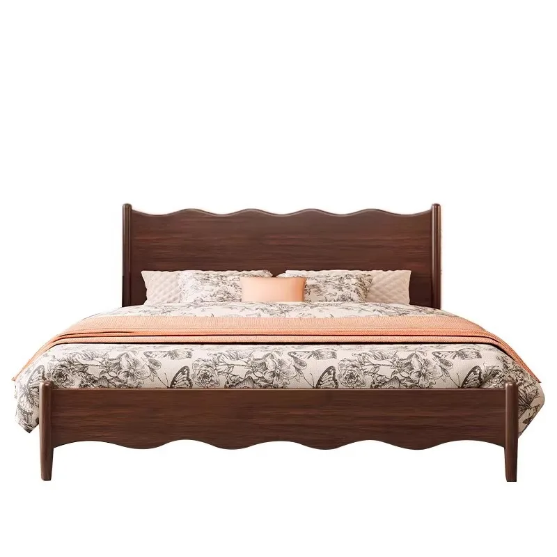 

Medieval style all solid wood, wavy bed retro master bedroom small double bed, modern simple 1.8 meters