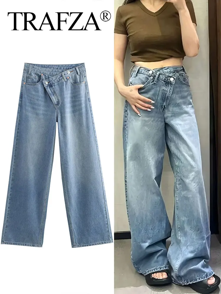 

TRAFZA Commute Women's Asymmetric Trousers Denim Solid High Waist Versatiled Basic Straight Lady 2025 New Woman Wide Leg Jeans