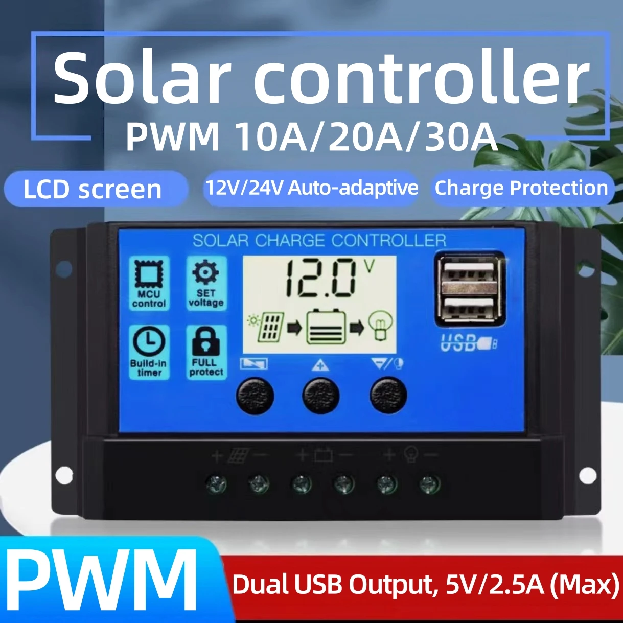 Solar Charge Controller 10A 20A 30A PWM 12V 24V Auto LCD Display Dual USB Solar Panel Battery Regulator For Solar Power System