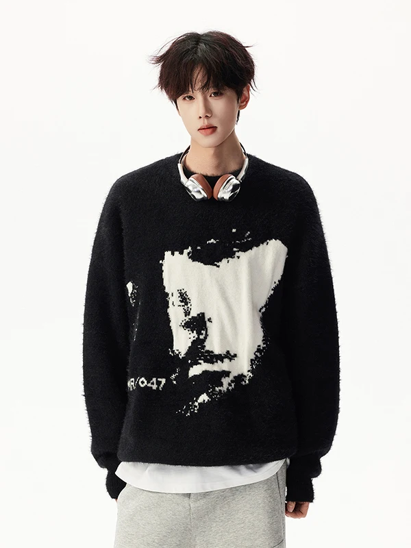 2025 Spring and Autumn Men's High-end Jacquard Design Loose Casual Fashion Black Crew Neck Long Sleeve Knit Sweater