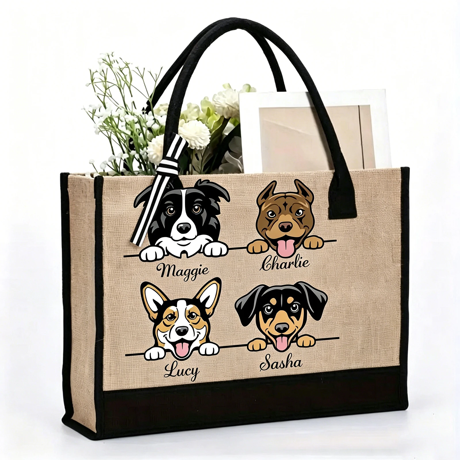 Double Side Custom Canvas Tote Bag Dog Cat Portrait Personalized Name Two Tone Reusable With Inner Pocket For Shopping