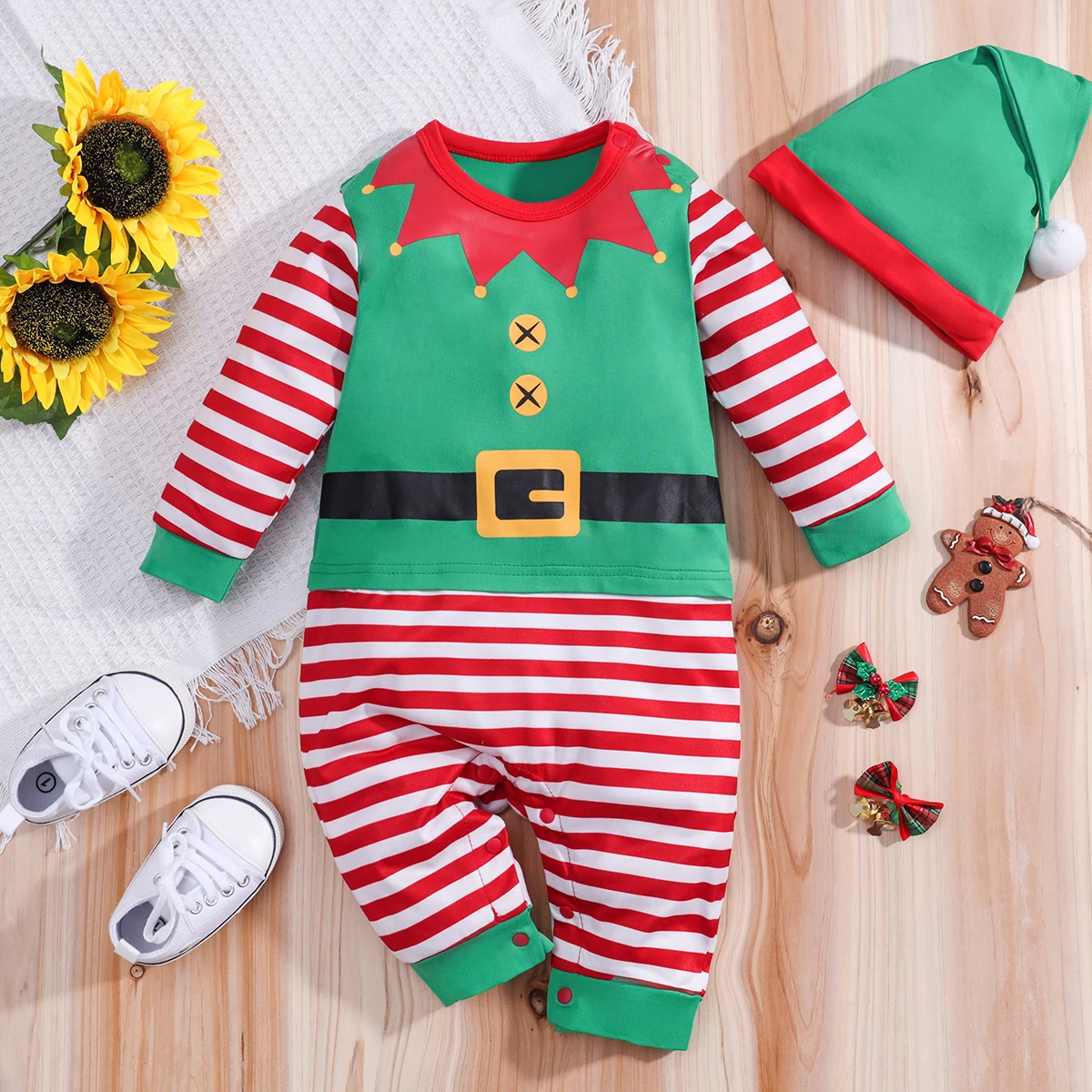 IURNXB Baby Christmas Elf Jumpsuit With Hat Infant Cosplay Costume Outfit Newborn Onesie + Hat Suit Set For Boys 0-18M