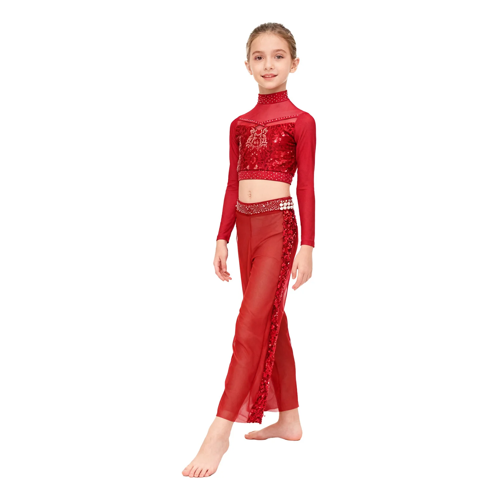 Kids Girls Jazz Ballroom Dance Outfits Mock Neck Long Sleeve Shiny Sequin Crop Top with Pants Shiny Sequins Lyrical Dancewear