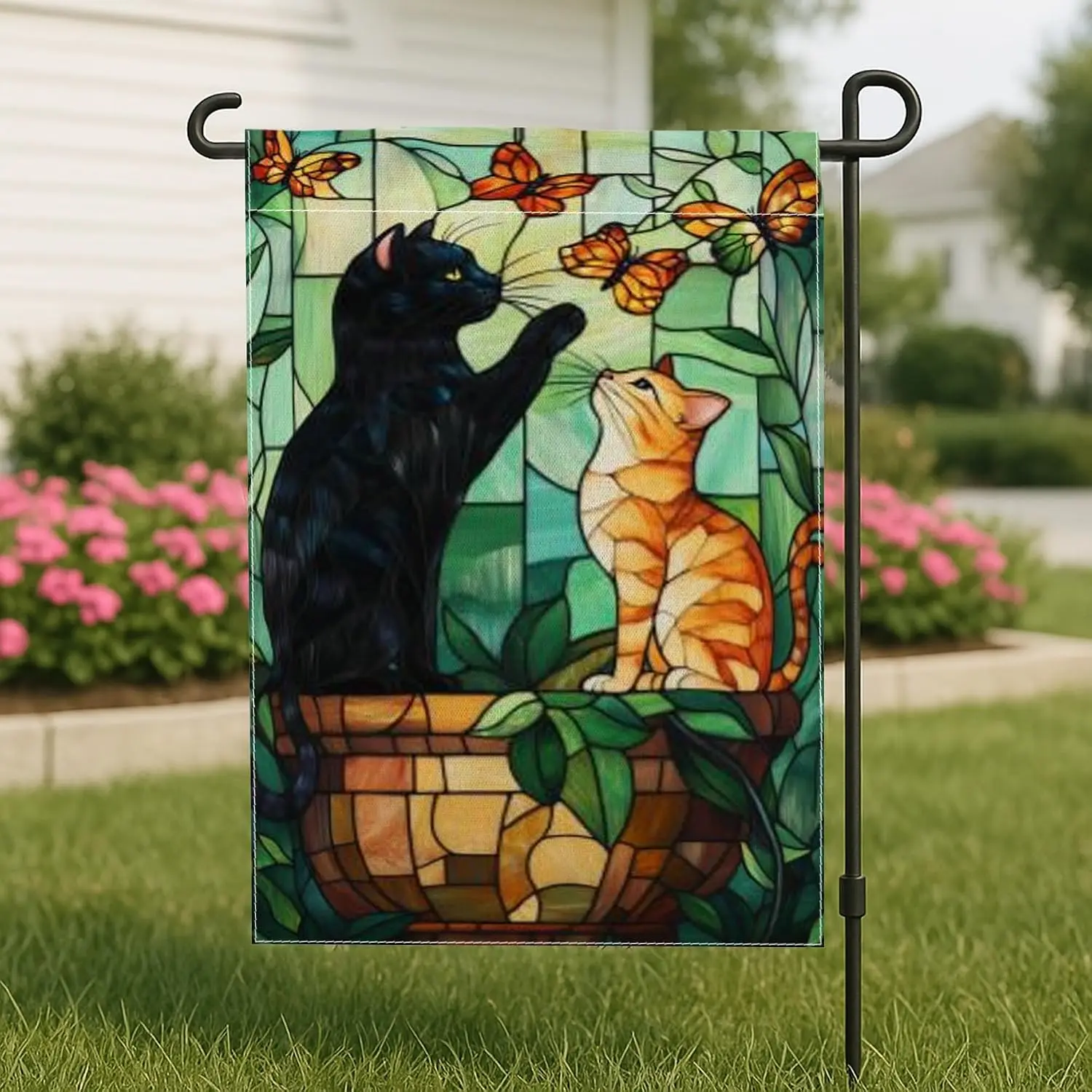 Cats Garden Flag, Artistic Nature Butterflies Leaves Spring Green Double Sided Burlap Decorative Outside Flags for Outdoor F AAM