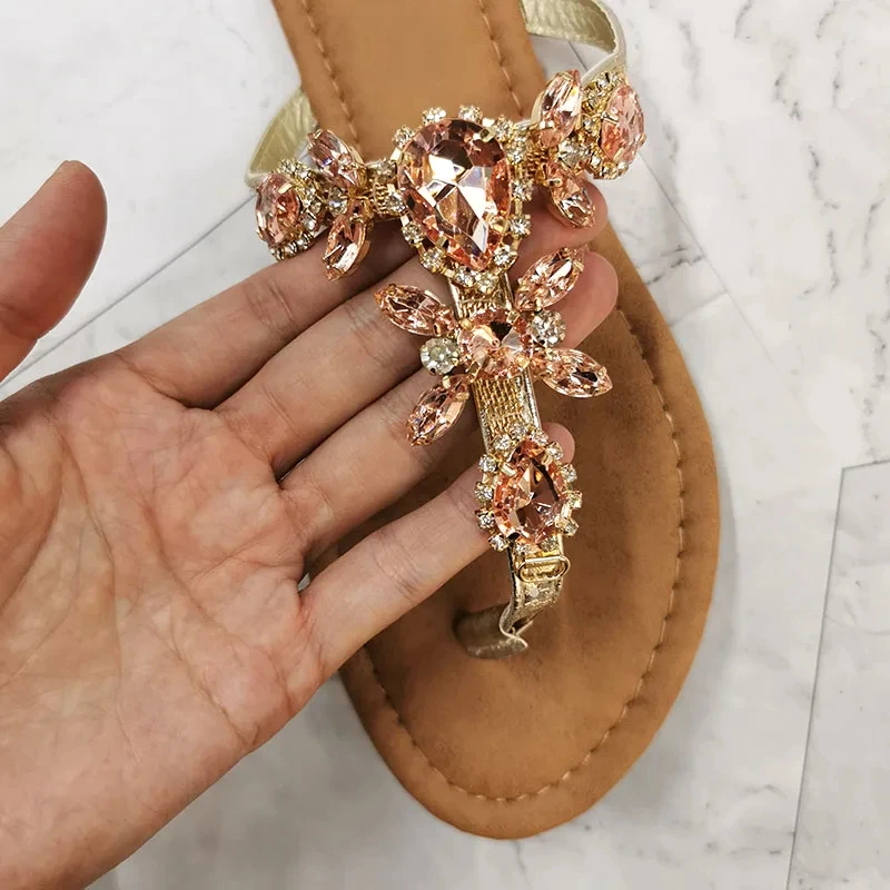 Women Gladiator Sandals Summer Beach Diamond Big Size Fashion Female Sandal Roman Rhinestones Flat with Woman Casual Shoes