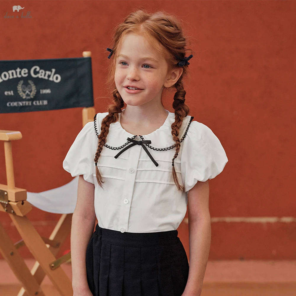 Dave Bella Children Summer Shirt Girls Cotton Short Sleeve Blouse 7-13 Years Cute Casual Stripe Tops Kids Clothing DK2261541