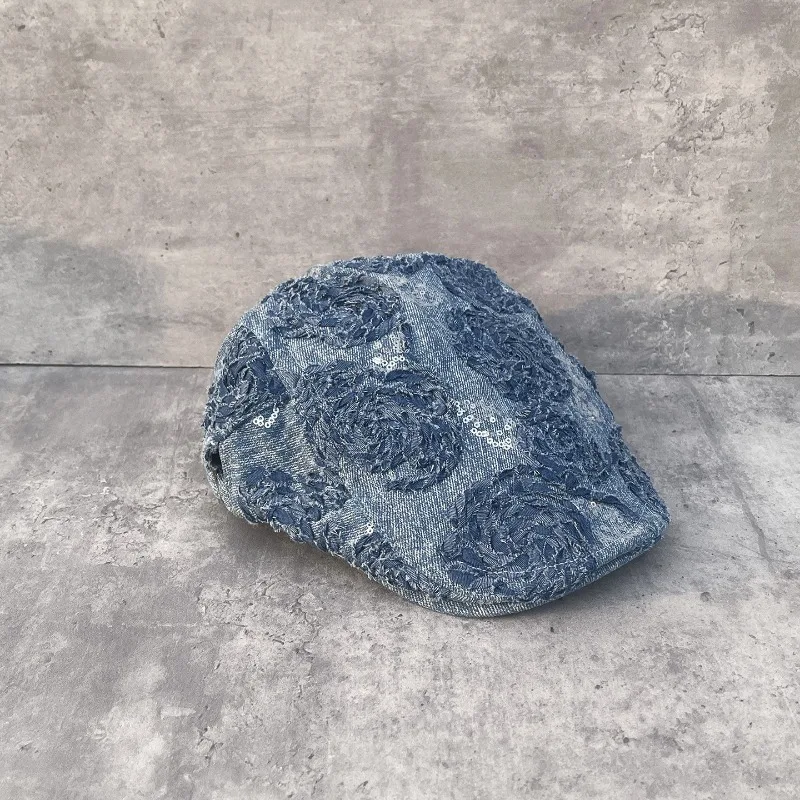 Women's Spring Summer Vintage Denim Rose Sequin Newsboy Beret Fashion Versatile Cap