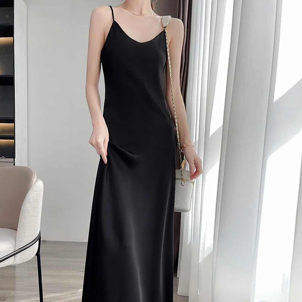 Women Sexy V-Neck Satin Faux Silk Party Bodycon Long Dresses Evening Club Cocktail Sling Female Sleeveless Nightgowns Slip Dress