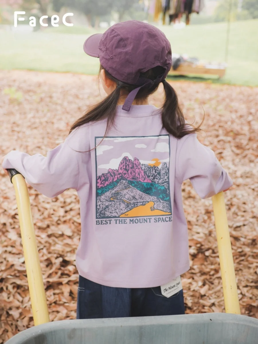 Pure Cotton Long Sleeve T-Shirt for Girls Outdoor Camping Sports Mountain Series Children's Clothing Spring Autumn Season