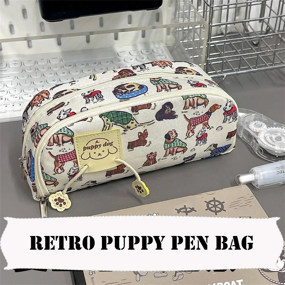 Puppy Print Pencil Case Creative Large Capacity Canvas Pen Bag Student Gift Stationery Organizer Stationery Bag