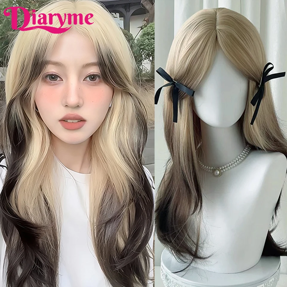 Middle-Part Long Wavy Synthetic Hair Wigs For Women Blonde Ombre Black Wigs Korean-style eight-character bangs Wig  Cosplay Hair