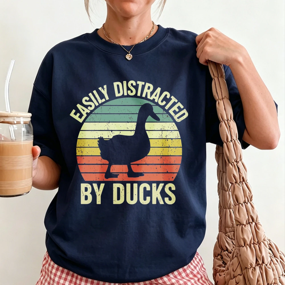 Funny Easily Distracted By Ducks Retro Sunset Print Tshirt Vintage Duck Animal Graphic Short Sleeve Casual Weekend Farm Tops Tee