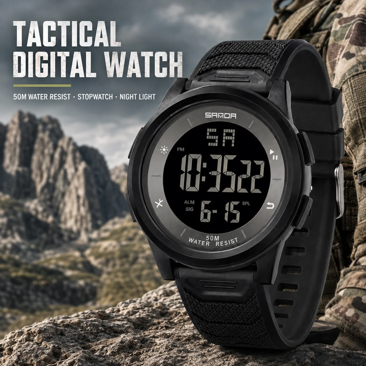 Multifunctional Tactical Digital Watch, 50M Waterproof Luminous Sports Wrist Watch with Alarm for Outdoor Running Training