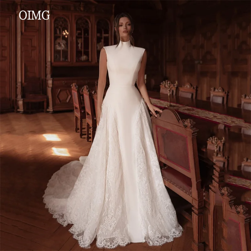 OIMG Luxurious Lace High Neck A Line Wedding Dress Sleeveless Long Tail Bride Dresses Floor Length Wedding Gowns Customized