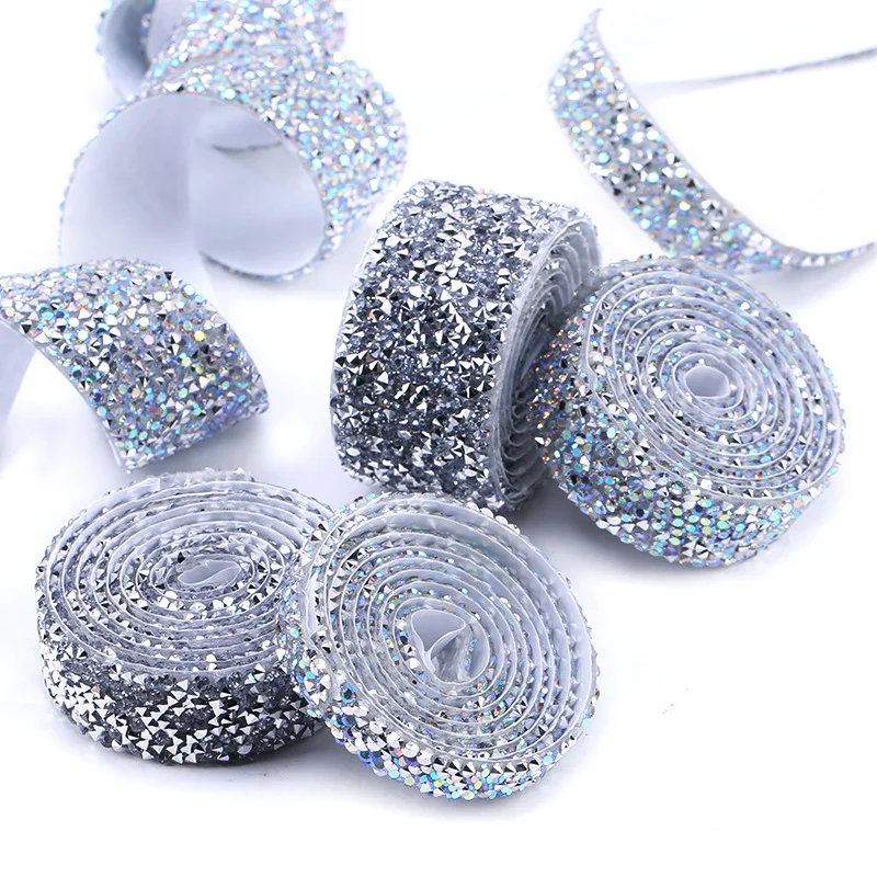 1 Yard 10/15/20/30mm Glitter Self-adhesive Rhinestone Chain Tape Trim Resin Crystal Decoration DIY Belt Shoes Applique Craft