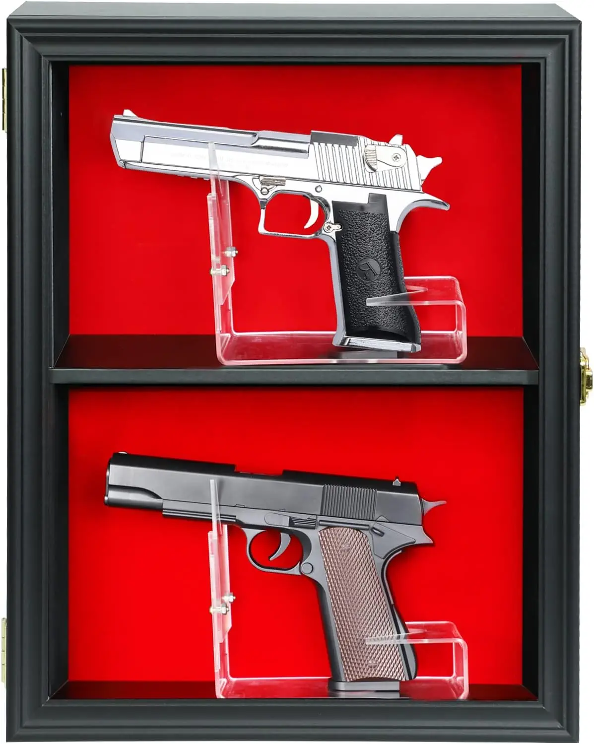 

2 Handgun Display Case Wall Mount Lockable Black Felt Wood Cabinet with UV Protection Acrylic Door
