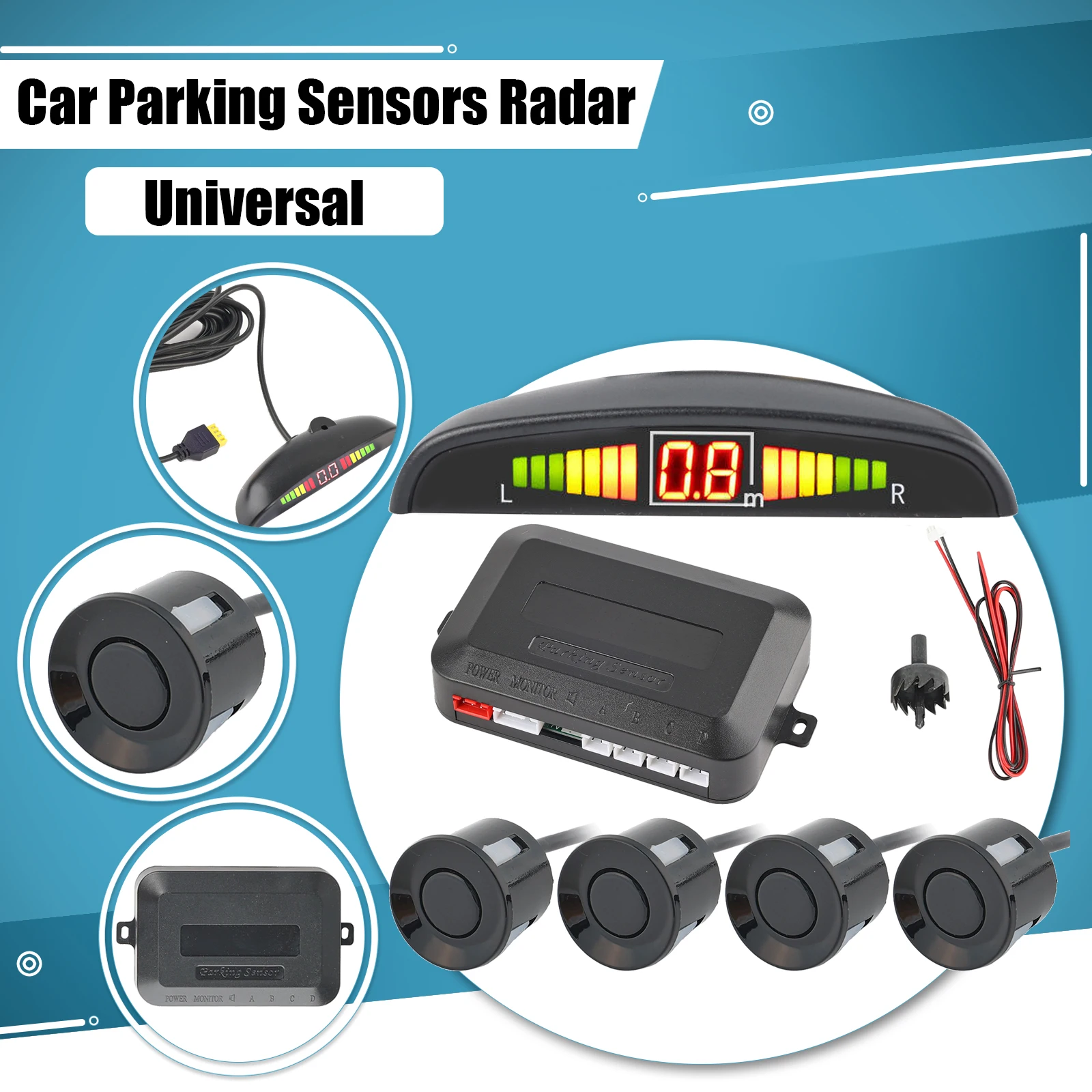 Black Car Parking Sensors Radar System With 4 22mm Sensors Universal 12V LED Digital Display Reversing Radar System Buzzer Alarm