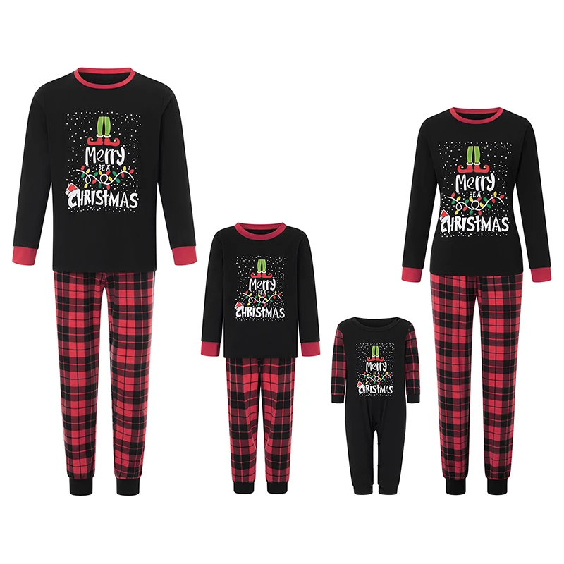 2025 Christmas Family Pajamas Matching Set, Long Sleeve Letters Print T-shirt with Plaid Pants Sleepwear Loungewear