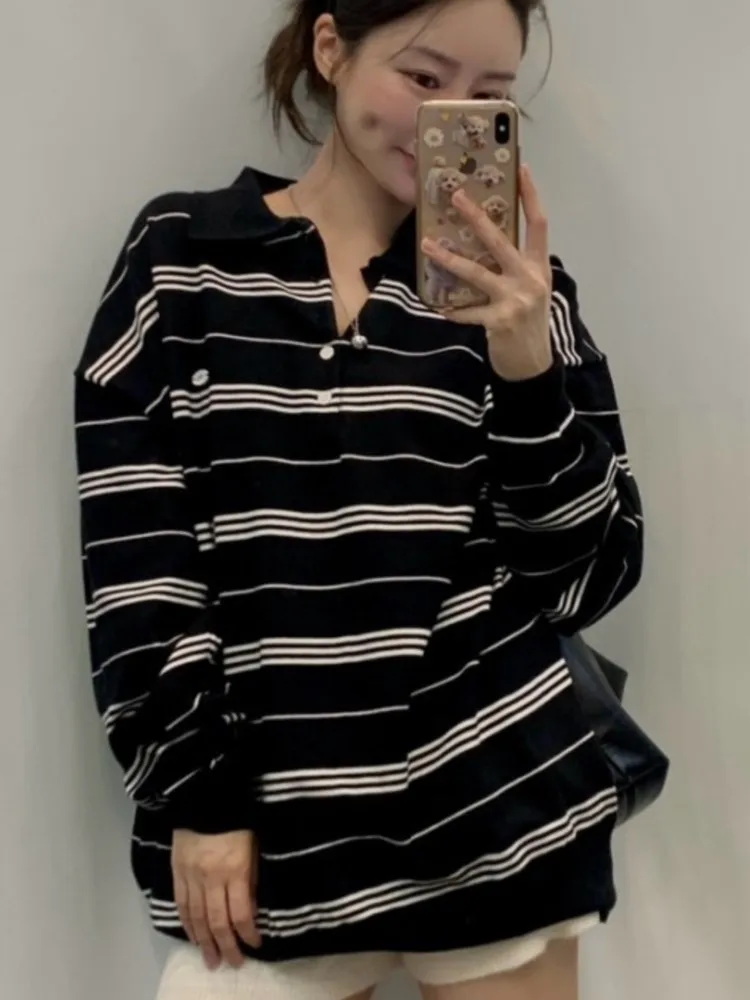 

Autumn Spring Long Sleeve Striped Shirt Blouse Women Knitwear Korean Loose Soft New Retro Ladies Tops Shirts Casual Blouse