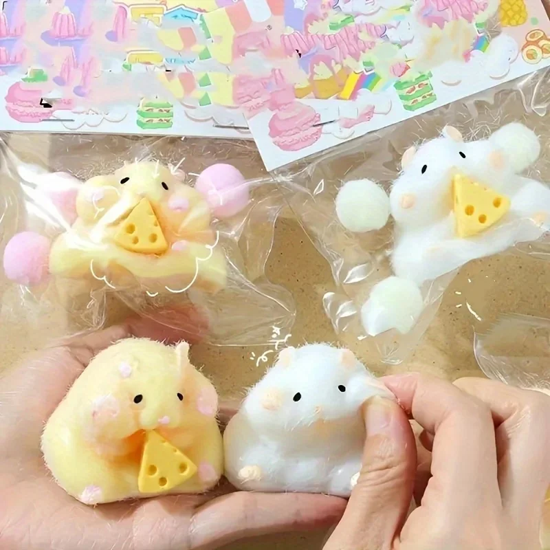 Fuzzy Cheese Hamster Squish Toy Soft Stretch Stress Relief Fidget Gadget Cute Desktop Ornament Adult Anti-Anxiety Relax Holiday