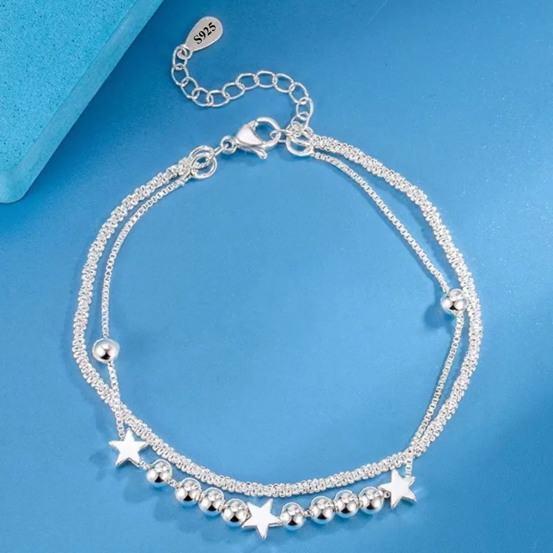 925 Sterling Silver Star Beads Bracelet for Women Girls Luxury Sparkling Double Layer Pendant Bracelet Fashion Party Jewelry
