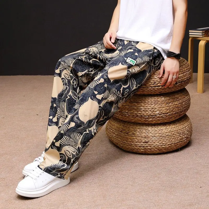 2026 Summer Men's Ice Silk Floral Pants Loose High Elastic Wide Leg Straight Trousers Casual Printed Streetwear Moisture Wicking