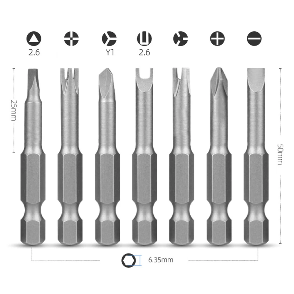 7 Pcs 50mm Screwdriver Bit Triangle(2.6) Y1 U2.6 Three Points Four Points PH2 SL Head 6.35mm Hex Shank For Electric Driver Tool