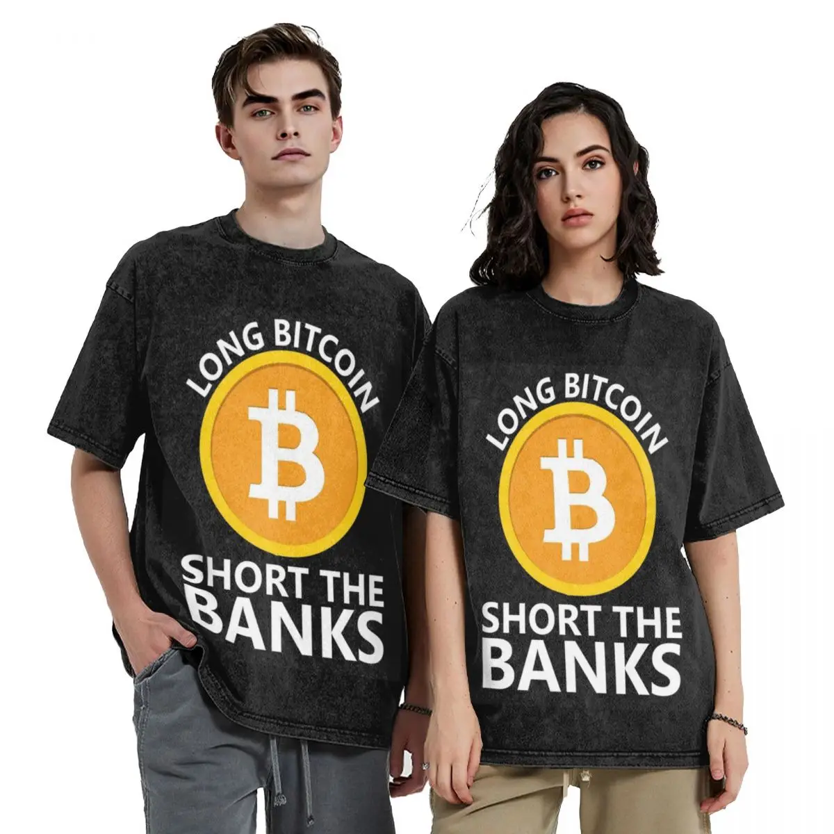 Long Bitcoin Short The Banks 1 Washed T Shirts Oversized Short Sleeve Hip Hop T-Shirt Streetwear Tops Tees for Men Women