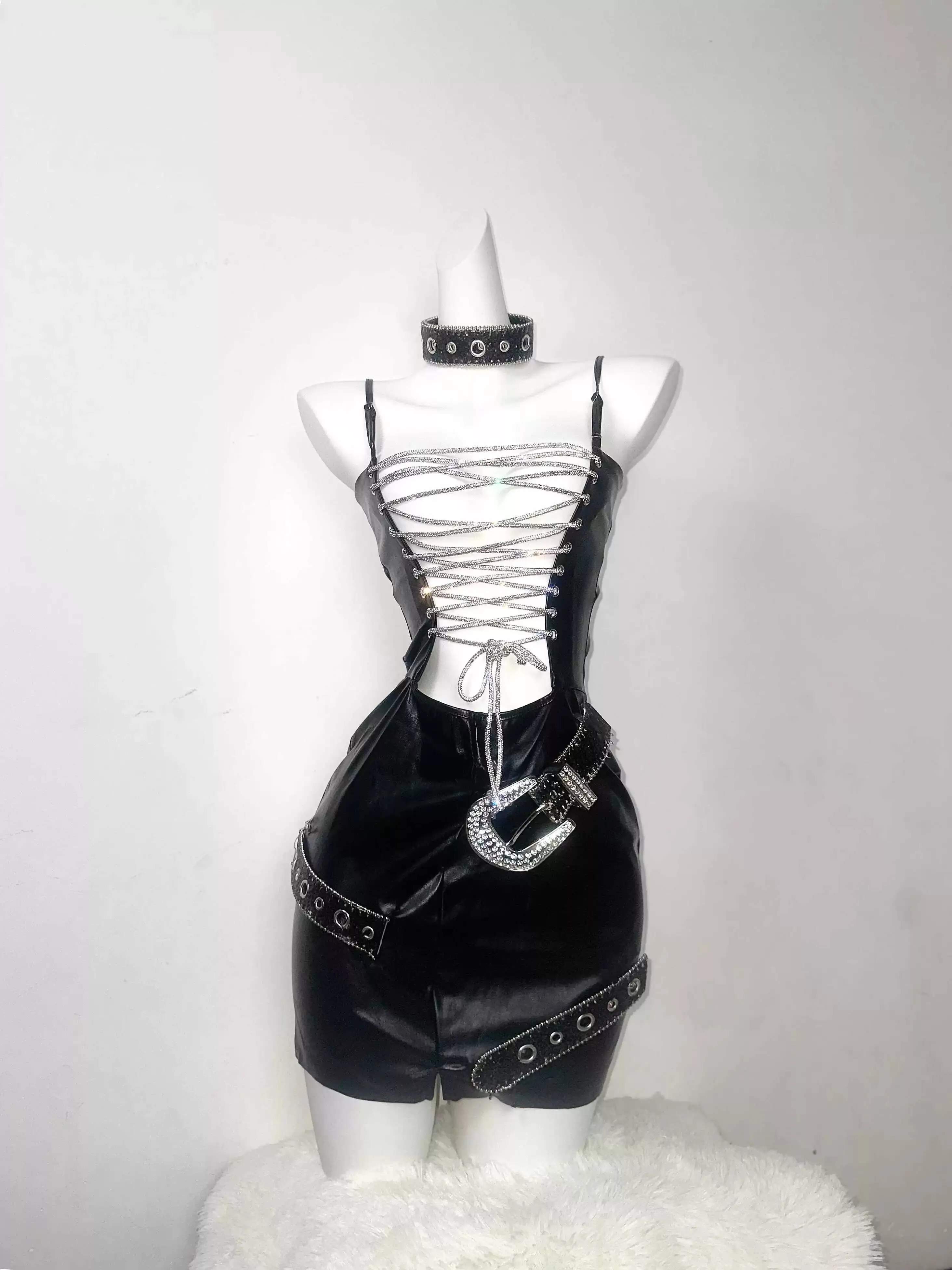 

TDH* Subculture Dark Gothic Strapless Dress With Straps, Tight Super Short Leather Skirt For Hot Girls
