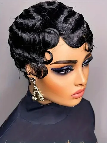 Short Finger Wave Wig Human Hair Wig For Women Brown Short Ocean Wave Wig Pixie Cut Wigs for Woman Natural Color